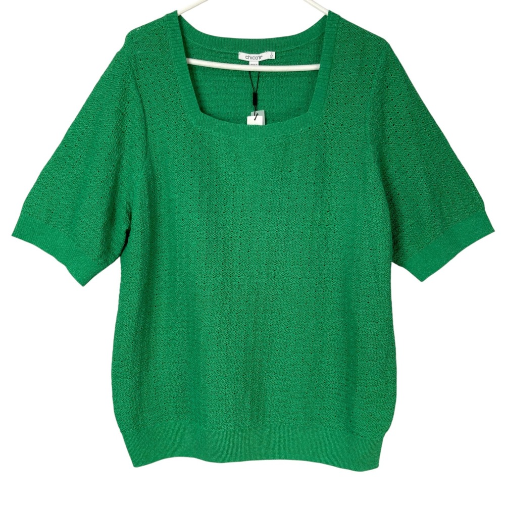 Chico's Pointelle Square Neck Short Sleeve Pullover Sweater Green Size 3 XL NEW